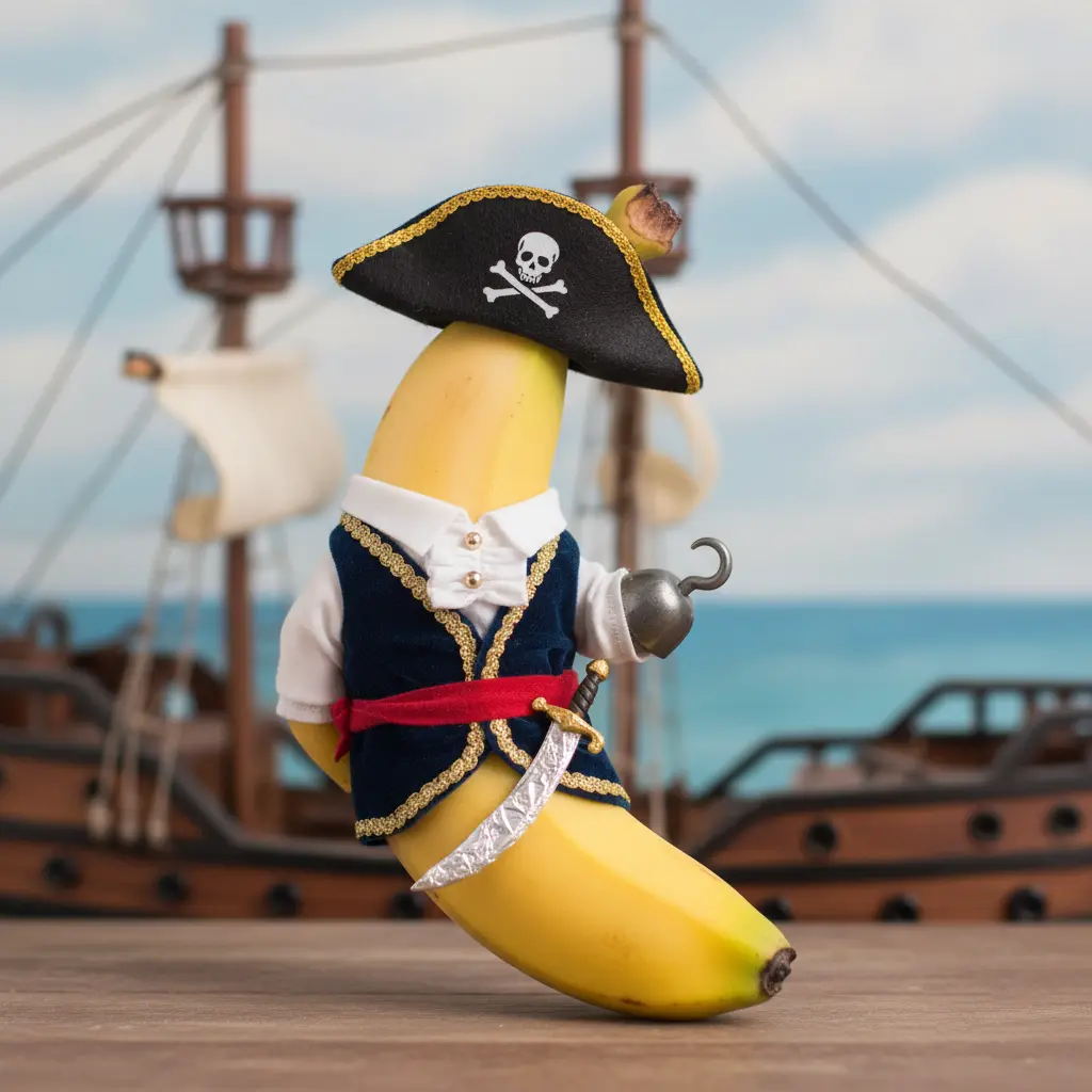 Pirate banana hero rendered through NanoBanana cinematic lighting
